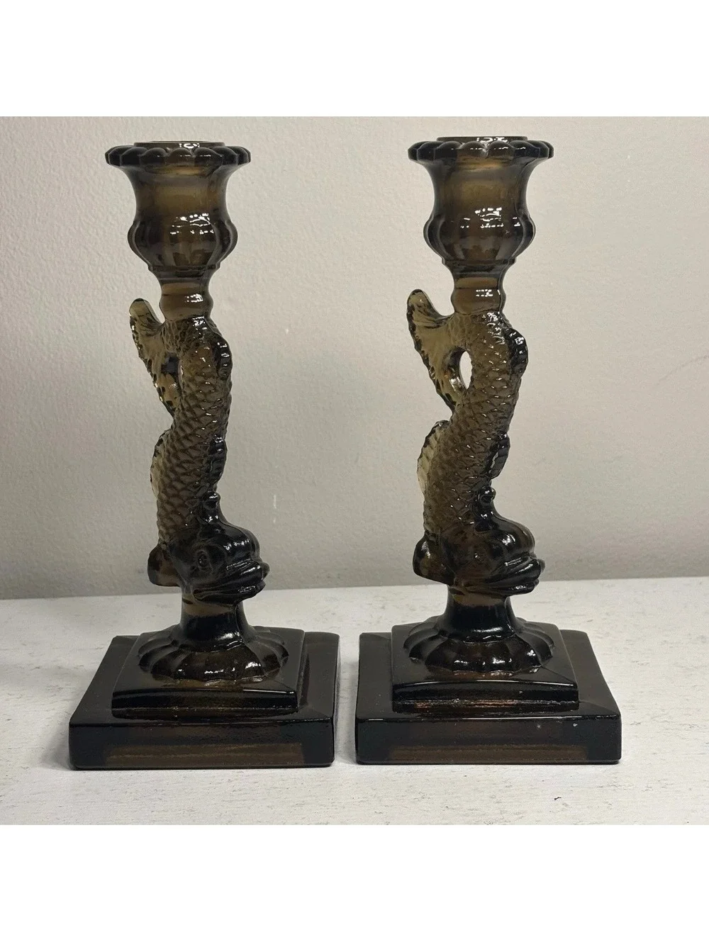 Vintage Imperial Nut Brown Dolphin/Koi Fish Candle Holders set of 2